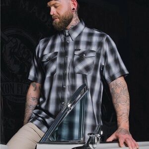 Dixxon Flannel Pearl Snap Bamboo Shirt Men M Black Gray Plaid Short Sleeve D-Lux